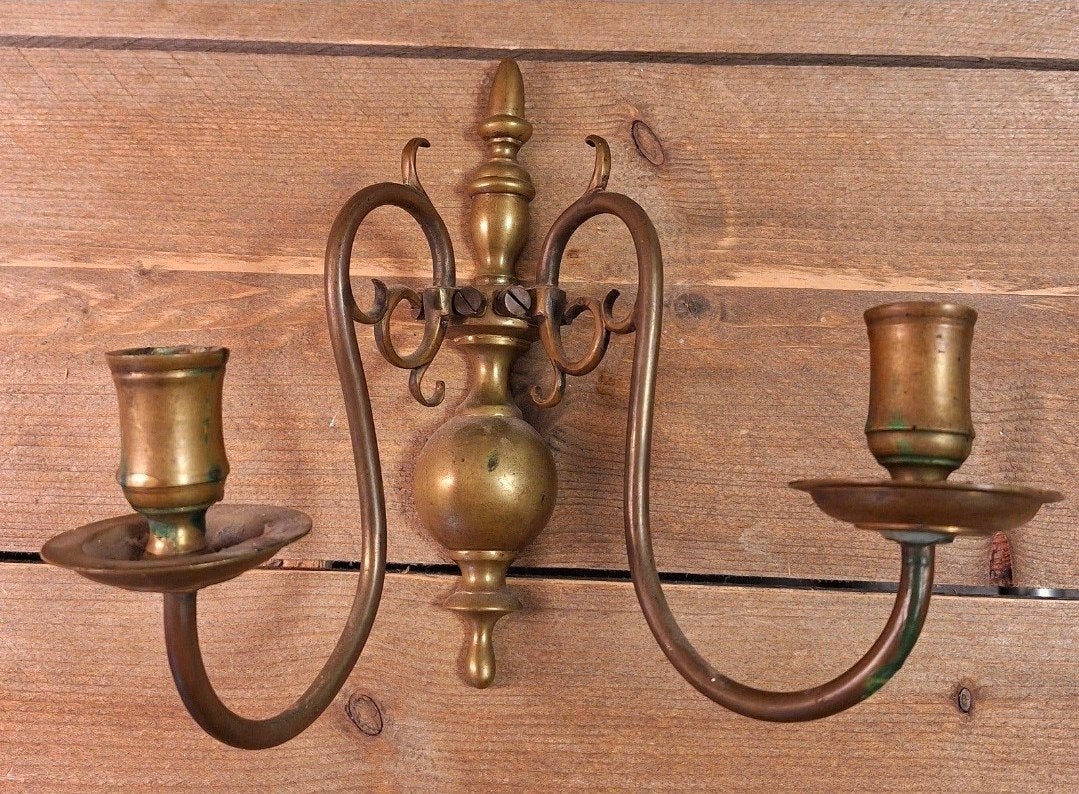 Antieke Messing Wandkandelaar - Dubbel - 24 cm, Antiek en Kunst, Ophalen of Verzenden