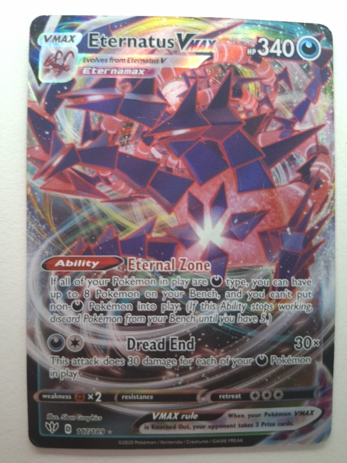 Pokémon TCG: Eternatus VMAX (Dread End) - Zeldzame Kaart, Ophalen of Verzenden, Zo goed als nieuw, Losse kaart