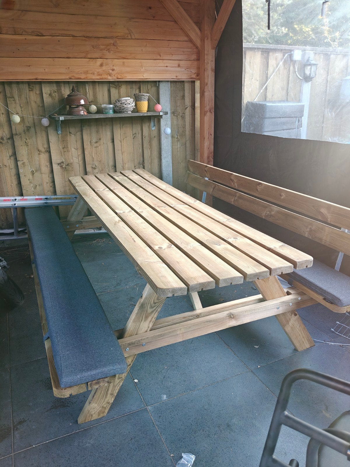 picknick tafel met kussens 10 personen, Tuin en Terras, Ophalen, Rechthoekig, Hout