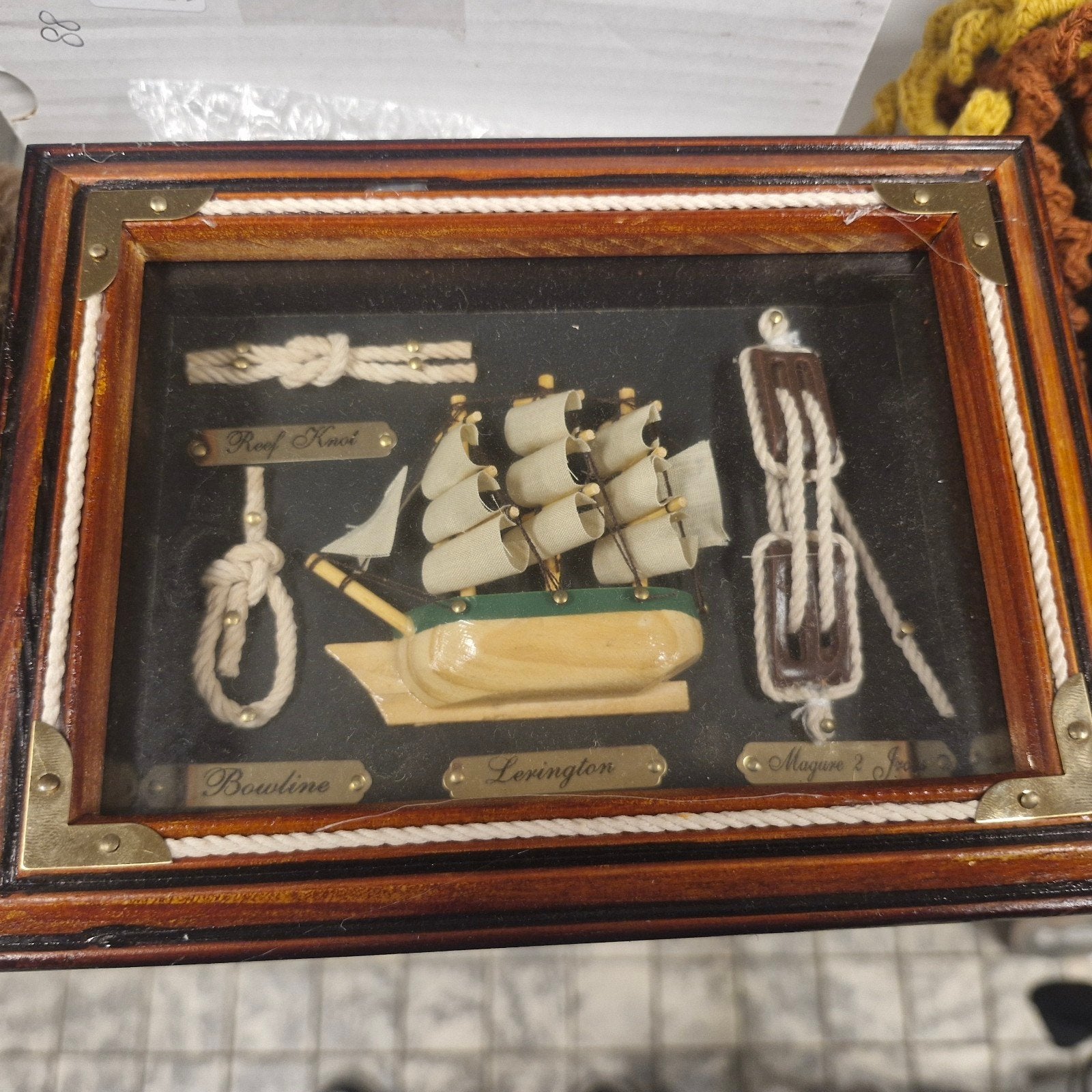 Ingelijste Maritieme Knopen en Zeilboot Decoratie, Ophalen of Verzenden, Gebruikt