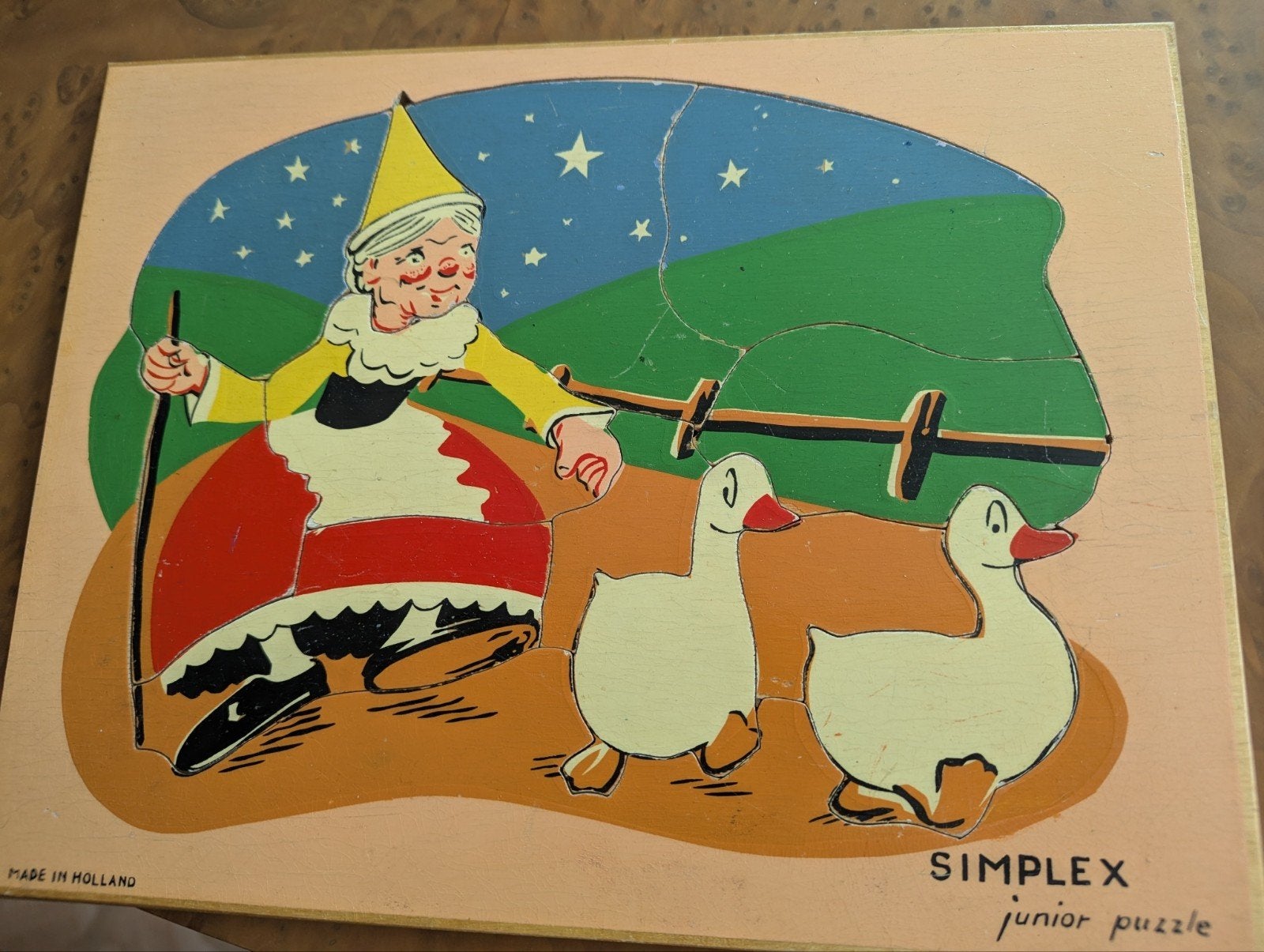 Vintage Moeder de Gans houten puzzel - Simplex Junior, 2 tot 4 jaar, Gebruikt, Ophalen of Verzenden, Van hout