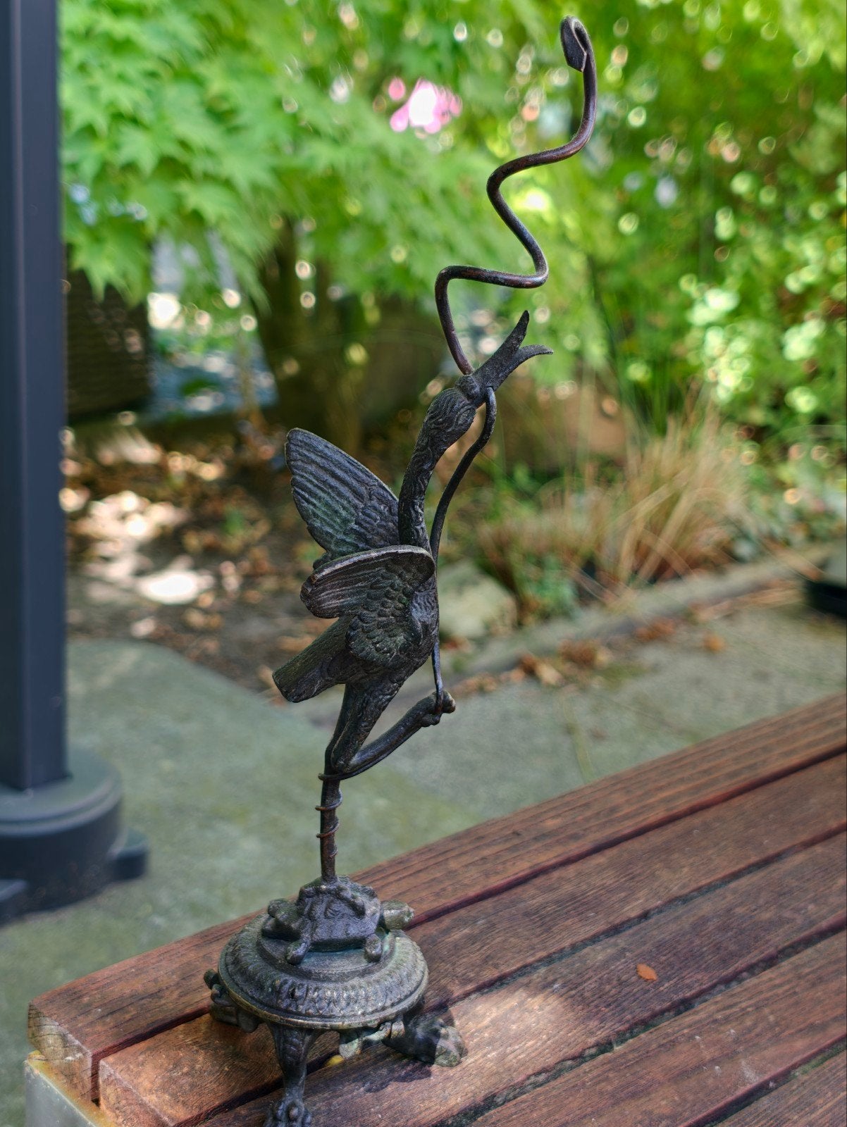 19e-eeuwse Chinese bronzen kraanvogel met slang op schildpad, Ophalen of Verzenden, Beeld, Gepatineerd, Brons