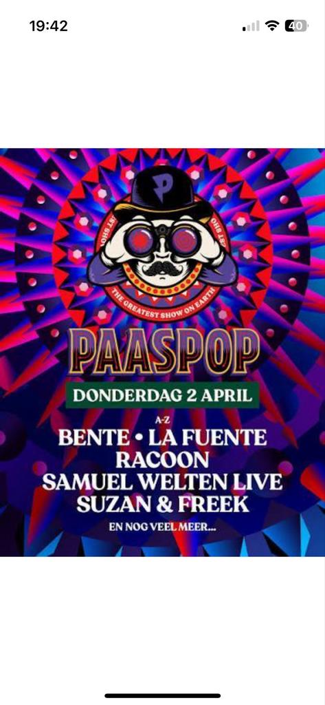 2 weekendkaarten Paaspop + donderdag sponsordag, Tickets en Kaartjes, Evenementen en Festivals, Twee personen