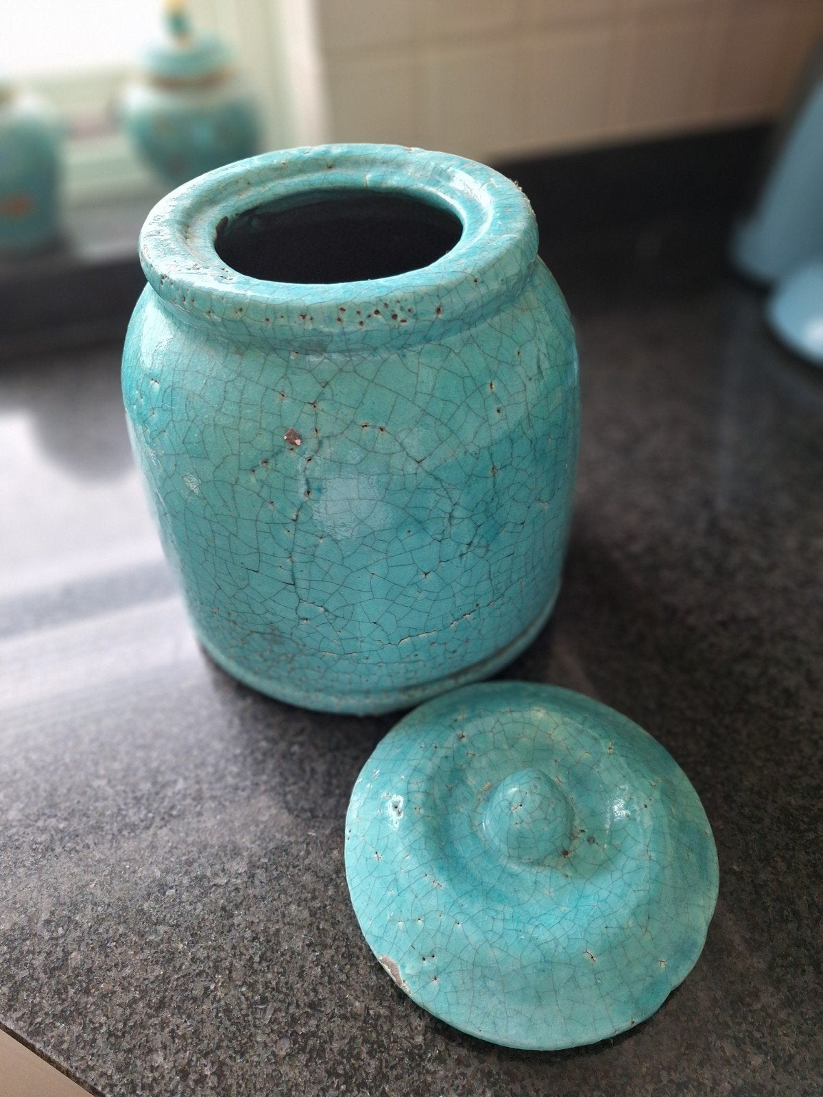 Mooie Turquoise Stenen Geglazuurde Bloempot/ Tuinvaas, Tuin en Terras, Ophalen of Verzenden, Zo goed als nieuw
