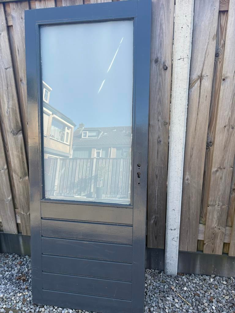 Antraciet hardhouten buitendeur met melkglas (81x201), Gebruikt, 80 tot 100 cm, Binnendeur, Ophalen of Verzenden