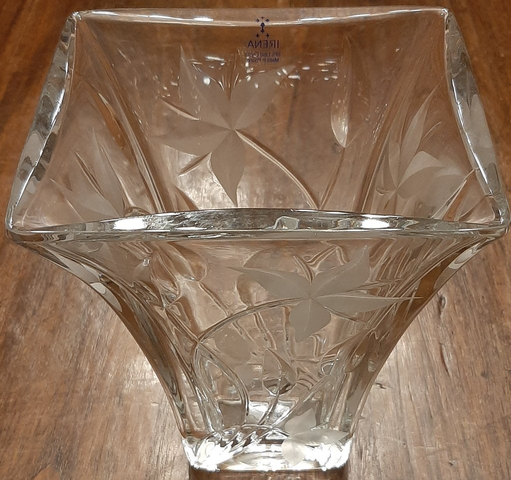 💐Vintage: Irena kristallen vaas - Bloem gegraveerd🏷️€8,-, Gebruikt, 21 cm, Transparant, Ophalen of Verzenden