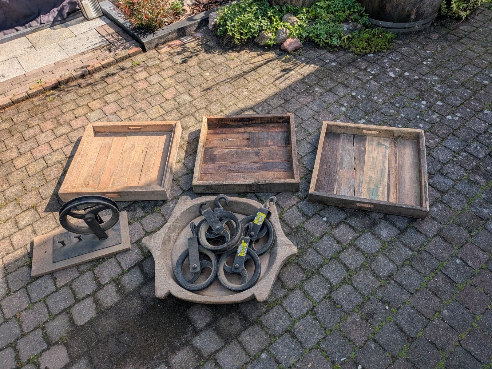 Decoratieve houten dienbladen en katrollen, Antiek en Kunst, Ophalen