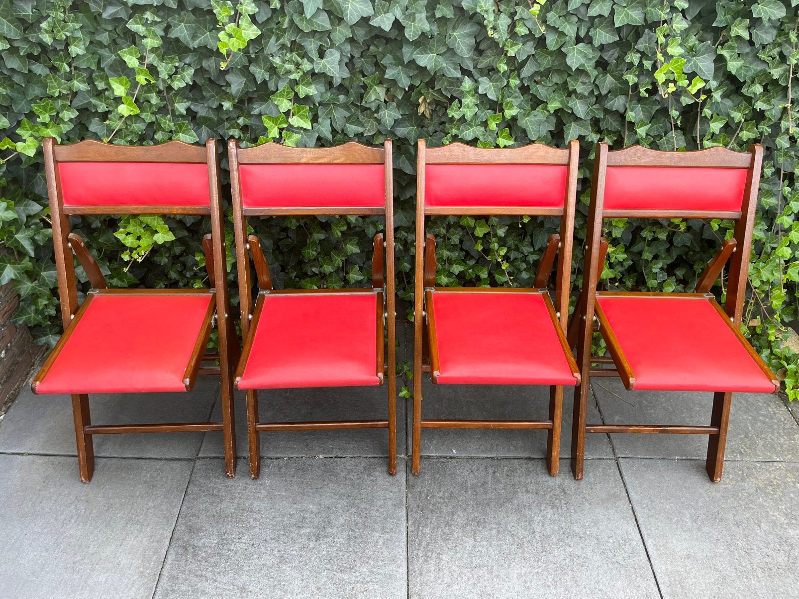Set 4 Vintage ‘Shanghai’ klap-stoelen jaren 60 rood skai, Ophalen, Gebruikt, Vier, Rood