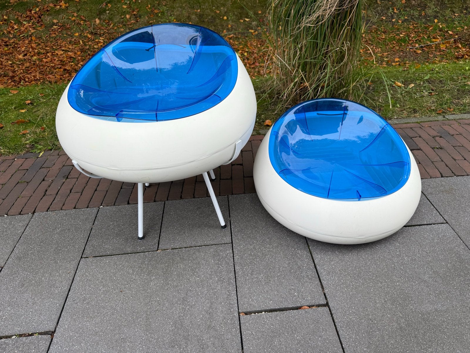 Vintage IKEA PS Ellan Stoel en Poef - Blauw/Wit, Ophalen, Kunststof, Gebruikt, Blauw