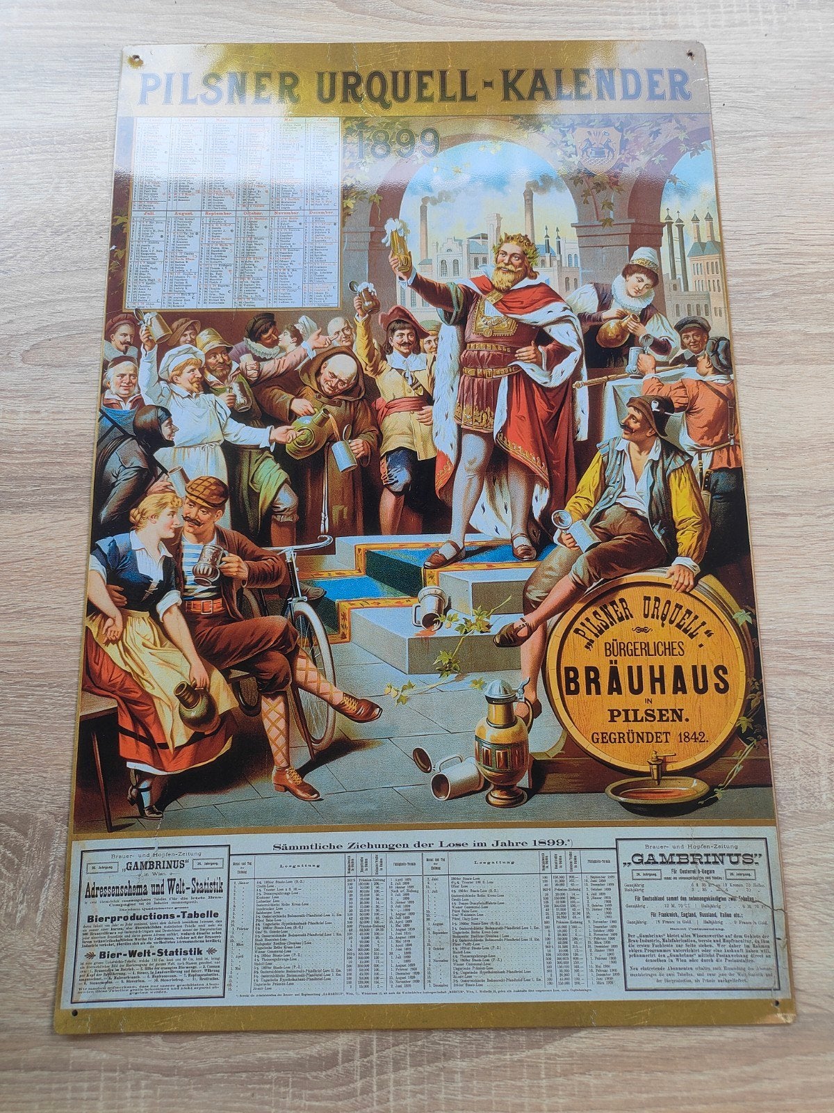 Vintage Pilsner Urquell Kalender 1899 ijzeren Reclamebord, Verzamelen, Biermerken, Ophalen of Verzenden, Gebruikt