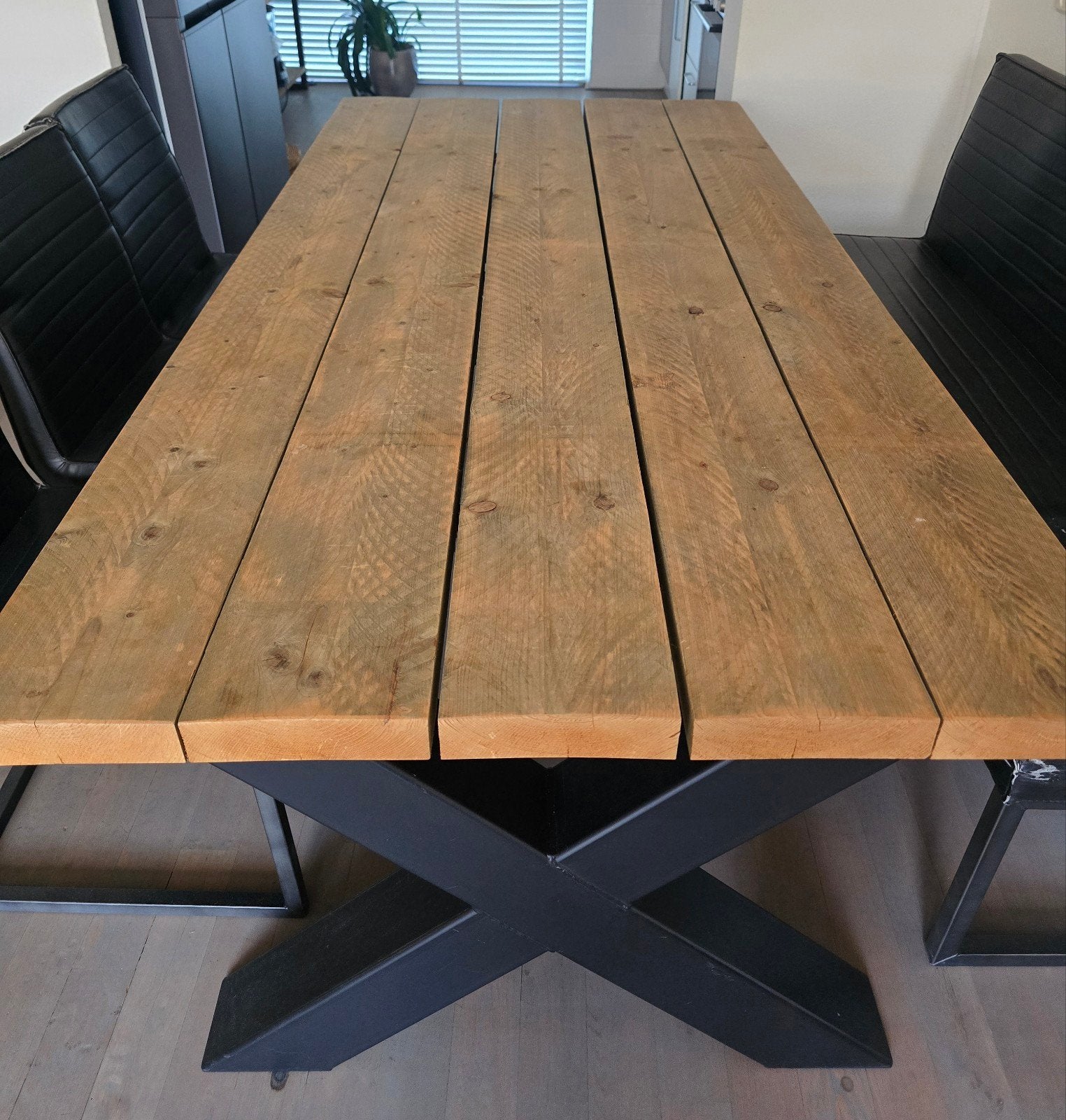 JORG Industriële Eettafel - Hout & Staal - 200x100 cm, Ophalen, Gebruikt, 200 cm of meer, 50 tot 100 cm
