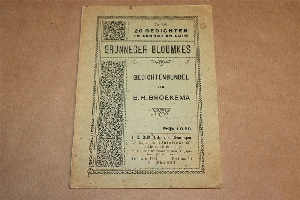 Grunneger Bloumkes — 20 Gedichten van Broekema 1931, Ophalen of Verzenden, Gelezen