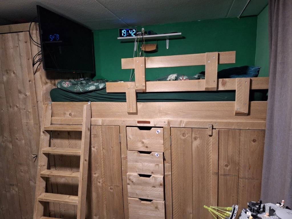 Steigerhouten hoogslaper met kasten, Ophalen, Hoogslaper, Eenpersoons, 160 tot 180 cm