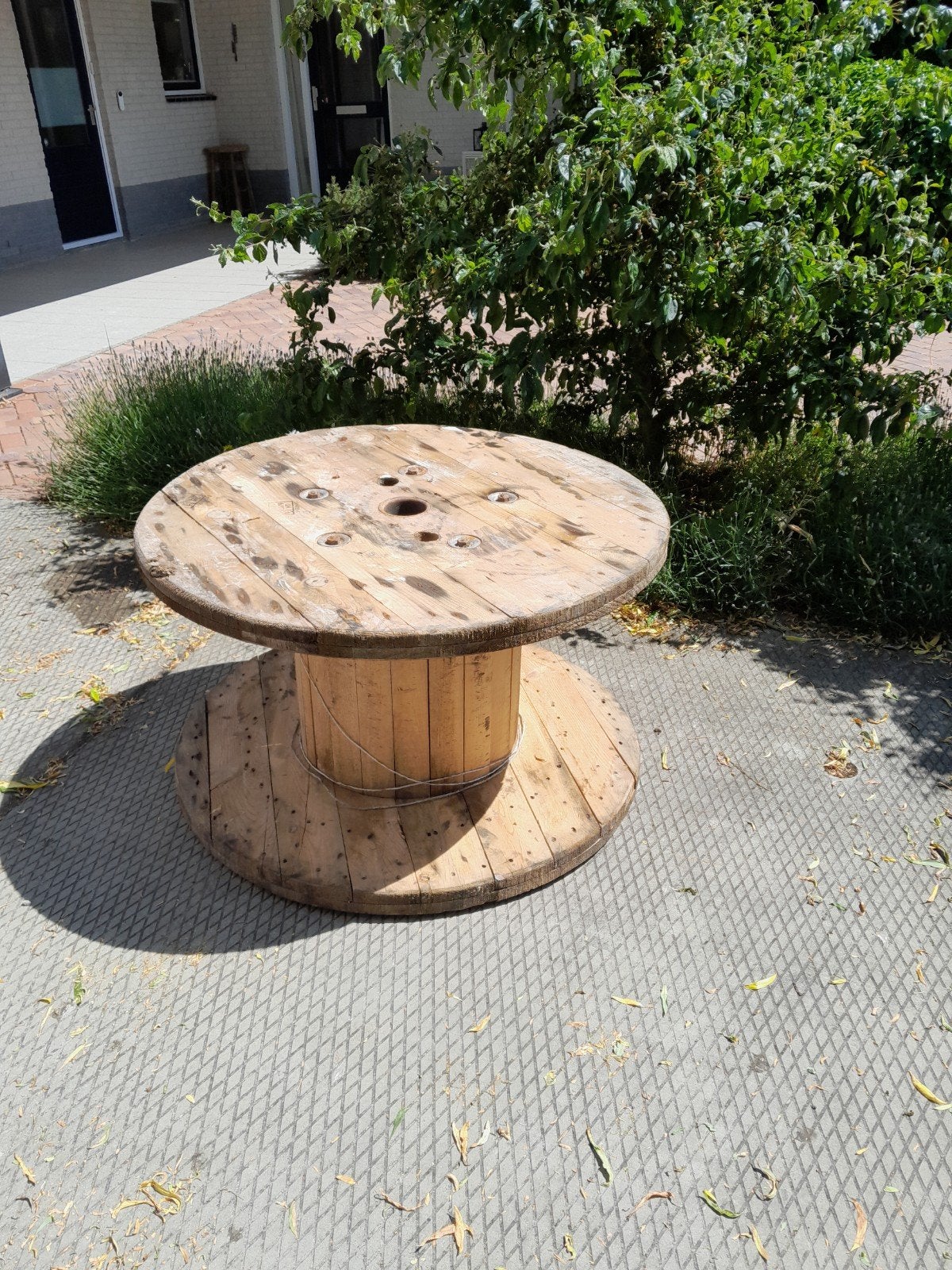 Houten kabelhaspel tafel - uniek en robuust, Huis en Inrichting, Ophalen, Gebruikt, Industrieel, Rustiek, DIY, Rond