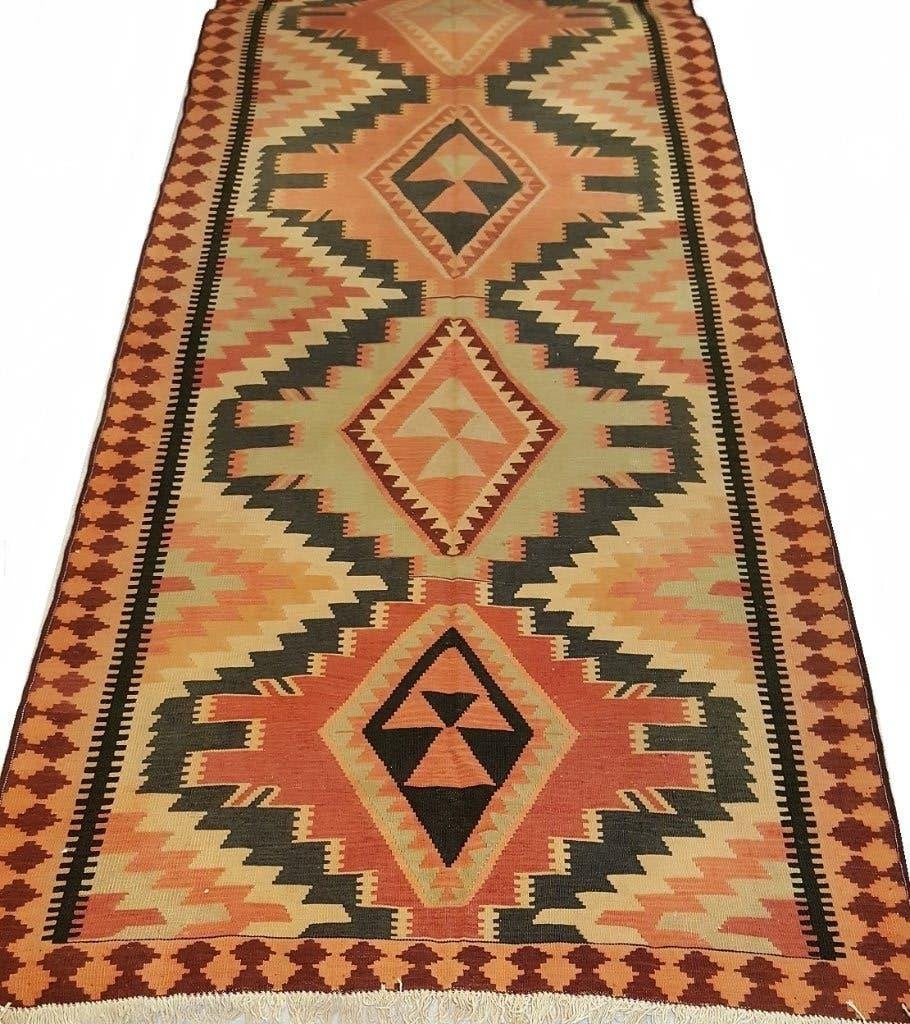 Antiek kazak kelim 404x 135/Perzisch tapijt/Vloerkleed/Loper, 100 tot 150 cm, Blauw, Www.simatapijten.nl, Ophalen of Verzenden
