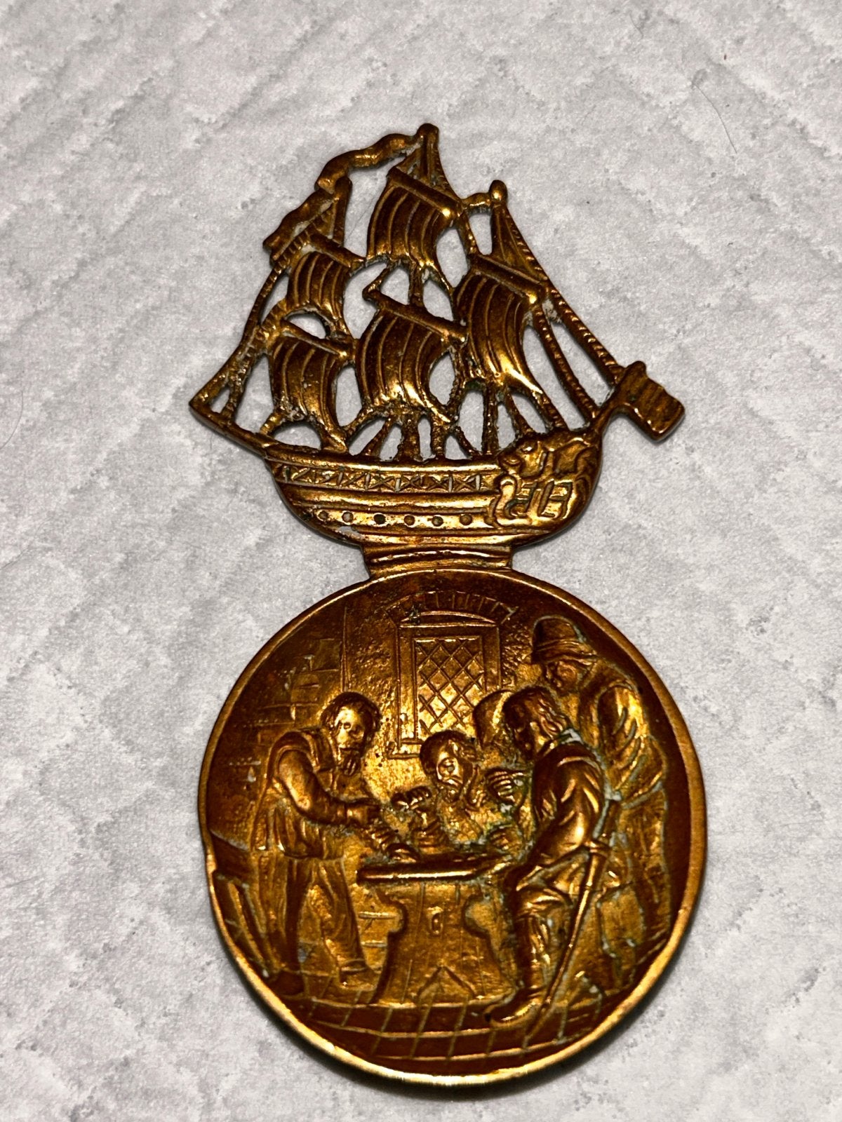 Antieke Messing Theeschep - Zeilschip & Herbergscène, Antiek en Kunst, Ophalen of Verzenden