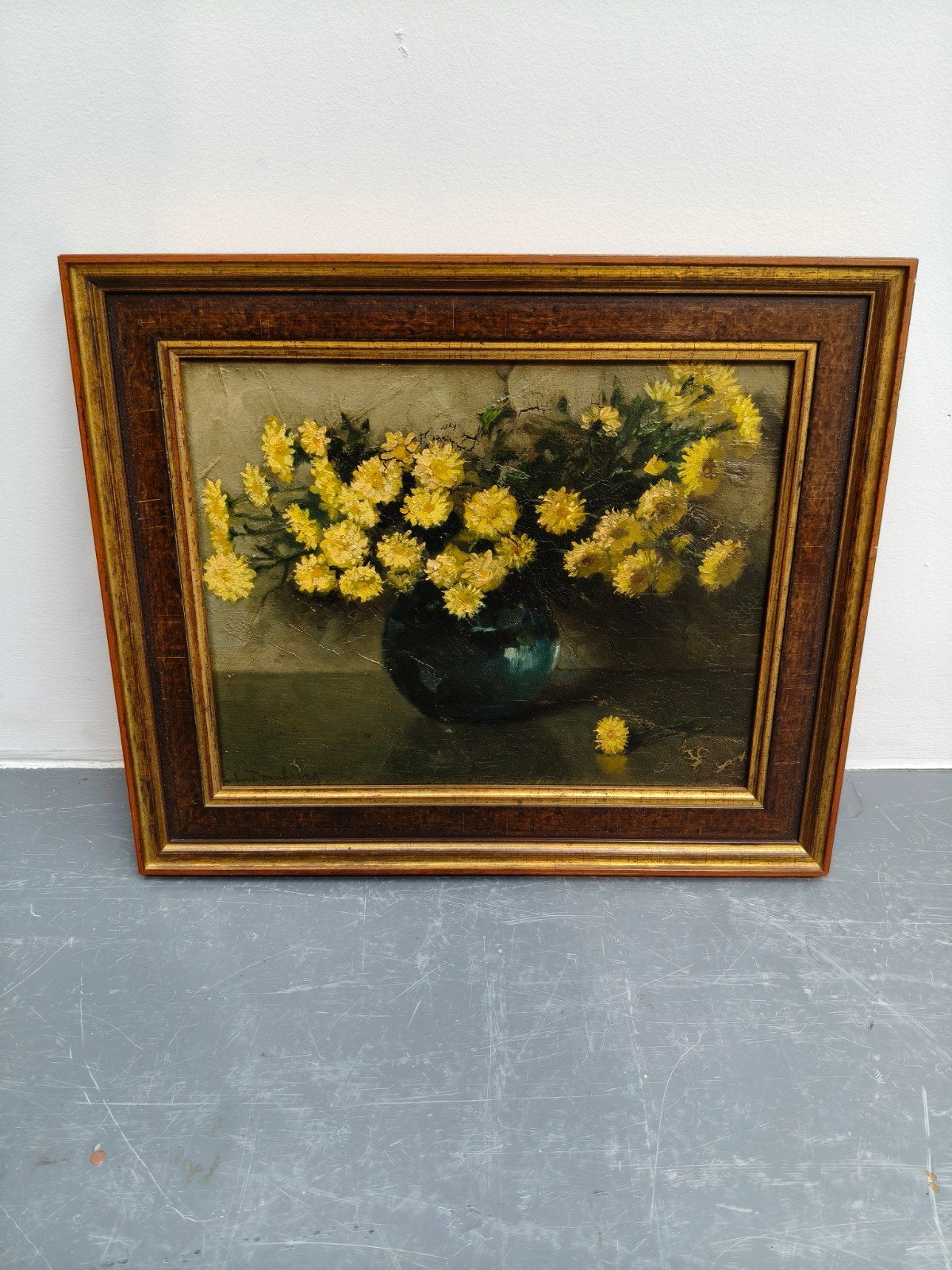 Schilderij Domburg: Gele bloemen in vaas (L32 B38), Bloemen, Doek, Realistisch, Ophalen of Verzenden