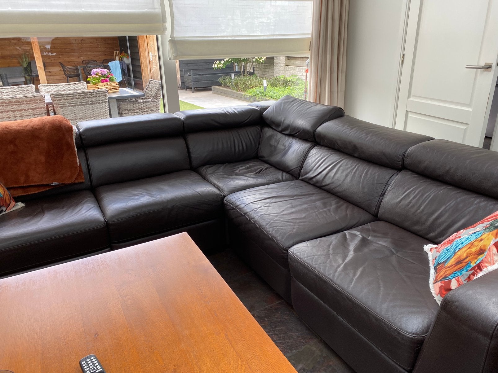 Lederen hoekbank 250 bij 250 donker bruin, Huis en Inrichting, Ophalen, Gebruikt, Leer, Hoekbank