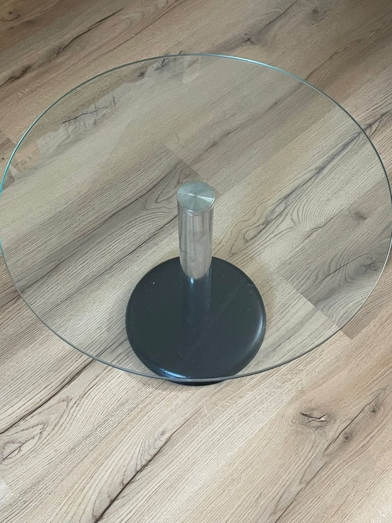 Glazen salontafel met metalen poot, 42 cm hoog, Ophalen, Minder dan 45 cm, Minder dan 55 cm, Gebruikt