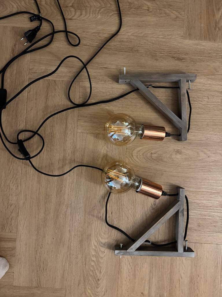 Set van 2 hanglampjes met gloeilampen - industrieel design, Ophalen of Verzenden, Zo goed als nieuw, Hout, Minder dan 50 cm