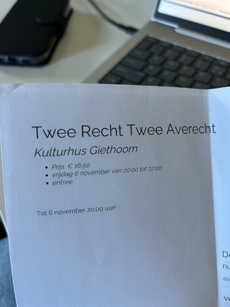 Twee kaartjes Twee recht twee averecht, Tickets en Kaartjes, Theater | Cabaret en Komedie, Twee personen, November