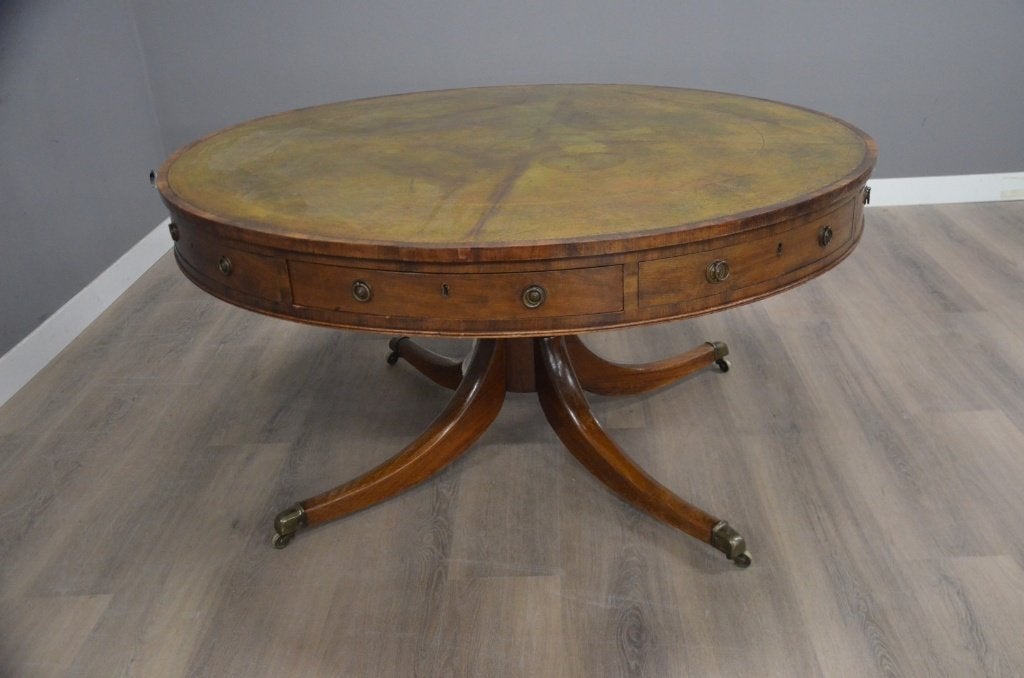 Antieke Drum Table – Groen Lederen Inleg – 8 Laden, Ophalen of Verzenden