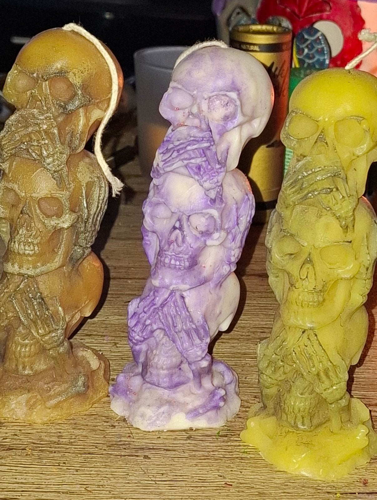 Unieke schedelkaars - Horen, Zien, Zwijgen, Ophalen of Verzenden, Bruin, Kaars