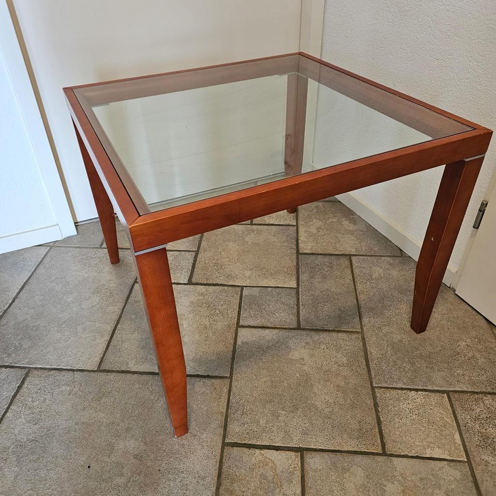 Kersenhouten salontafel met glazen blad, Huis en Inrichting, Tafels | Salontafels, Ophalen, Vierkant, 50 tot 100 cm, Zo goed als nieuw