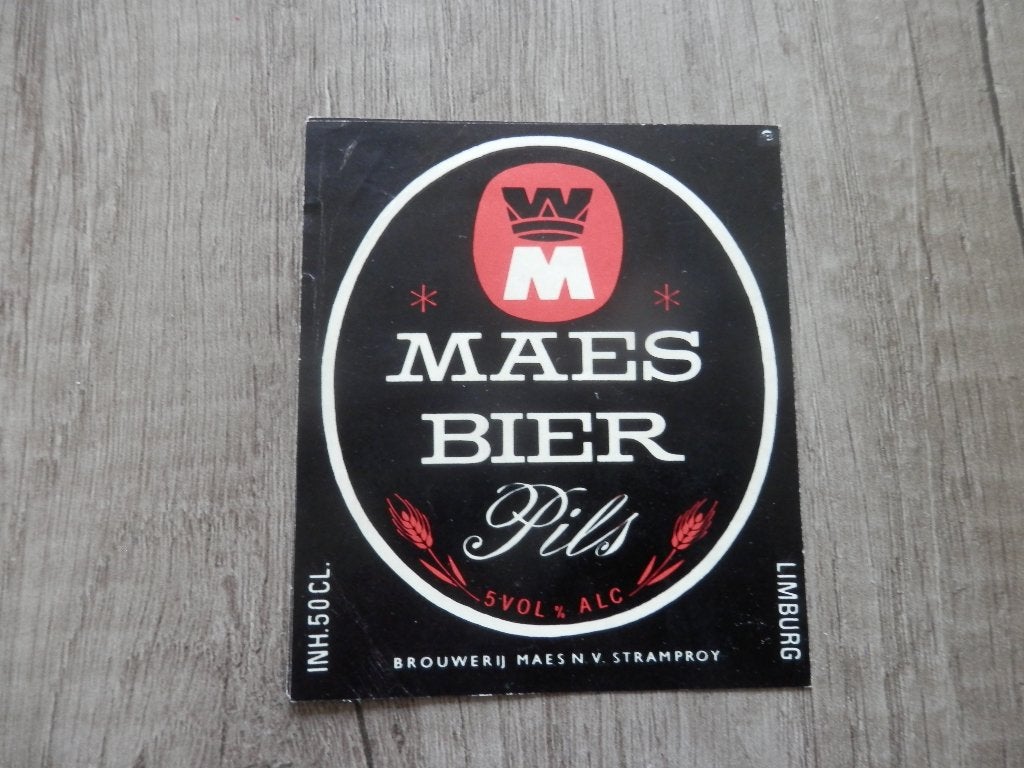 ouder bier etiket Maes bier Stramproy pils 50 cl., Verzamelen, Ophalen of Verzenden, Zo goed als nieuw, Overige typen, Overige merken