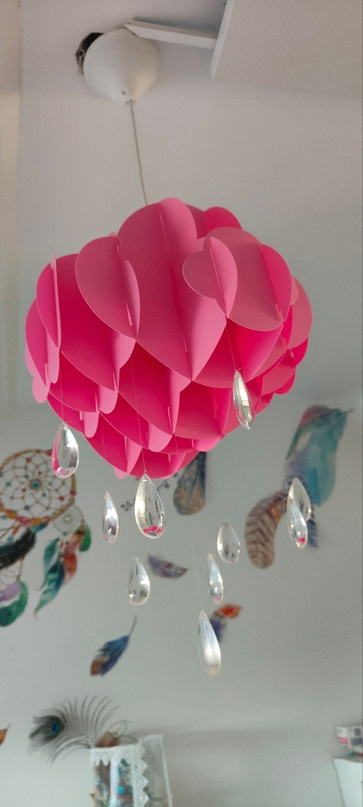 Roze wolk hanglamp met kunststof druppels, Roze, Ophalen of Verzenden, Zo goed als nieuw, Lamp