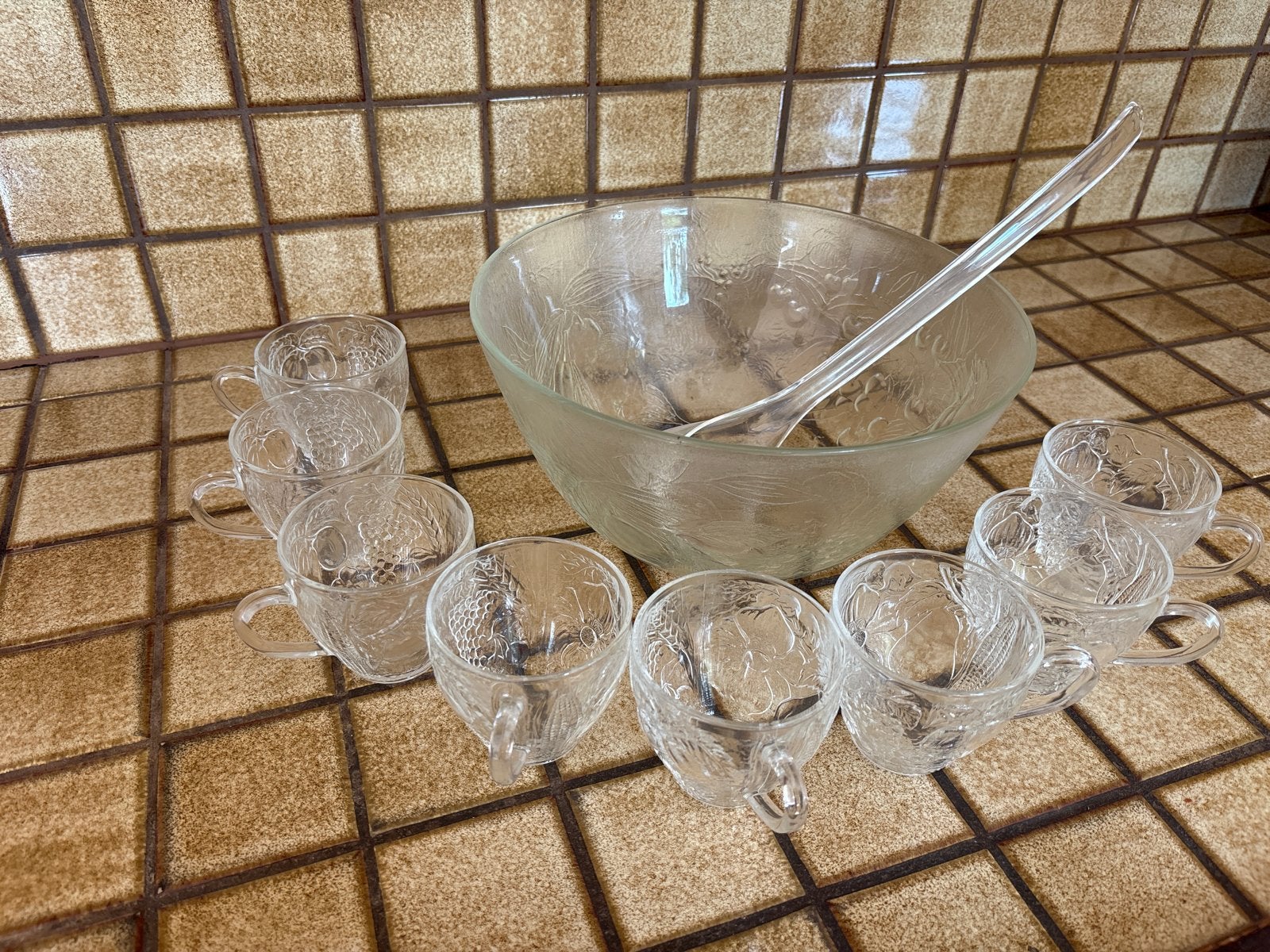 Vintage Glazen Punch Set - Kom met 8 Kopjes en Lepel, Ophalen, Gebruikt, Overige typen, Vintage