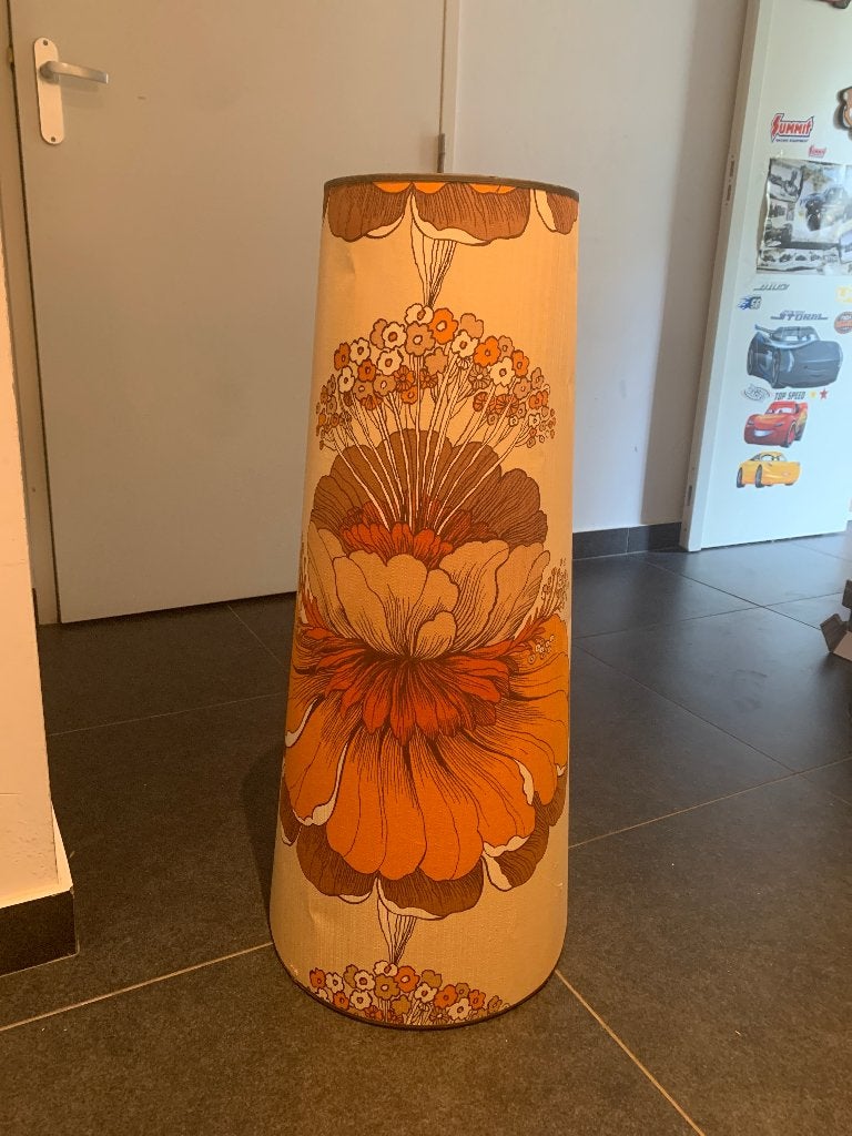 Vintage grote lampenkap oranje bloemen seventies, Ophalen, Gebruikt, Rond, Bruin