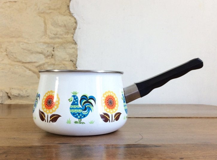 Vintage emaille witte fonduepan met haantjes en bloemen, Ophalen of Verzenden, Zo goed als nieuw, Emaille, Overige typen