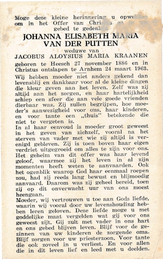 Putten Johanna 1886 Heesch 1963 Arnhem, Ophalen of Verzenden, Bidprentje