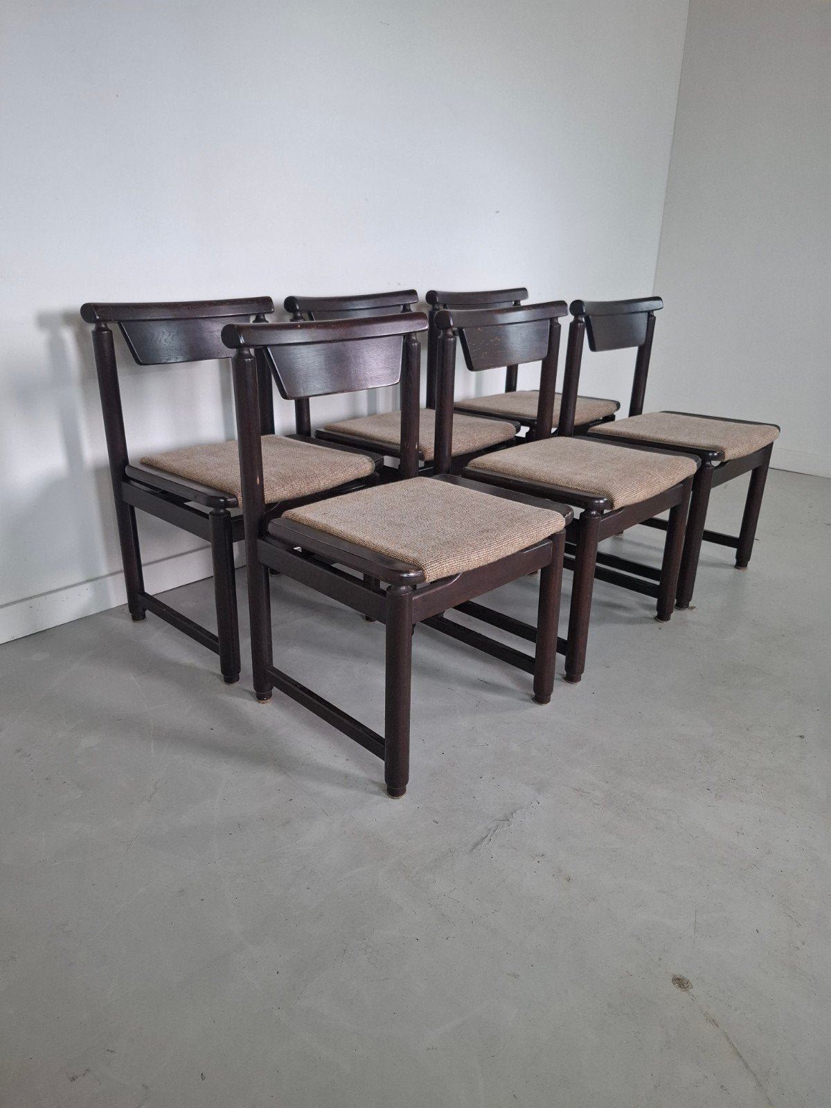 6 vintage design stoelen wengé hout brutalist japandi stoel, Ophalen of Verzenden, Gebruikt, Bruin, Hout