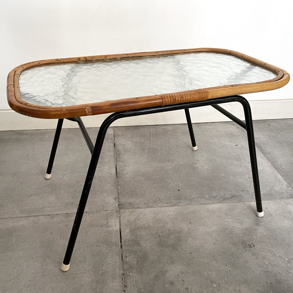 Vintage Midcentury Rohé rotan tafel, gewolkt glas salontafel, Ophalen, Huis en Inrichting
