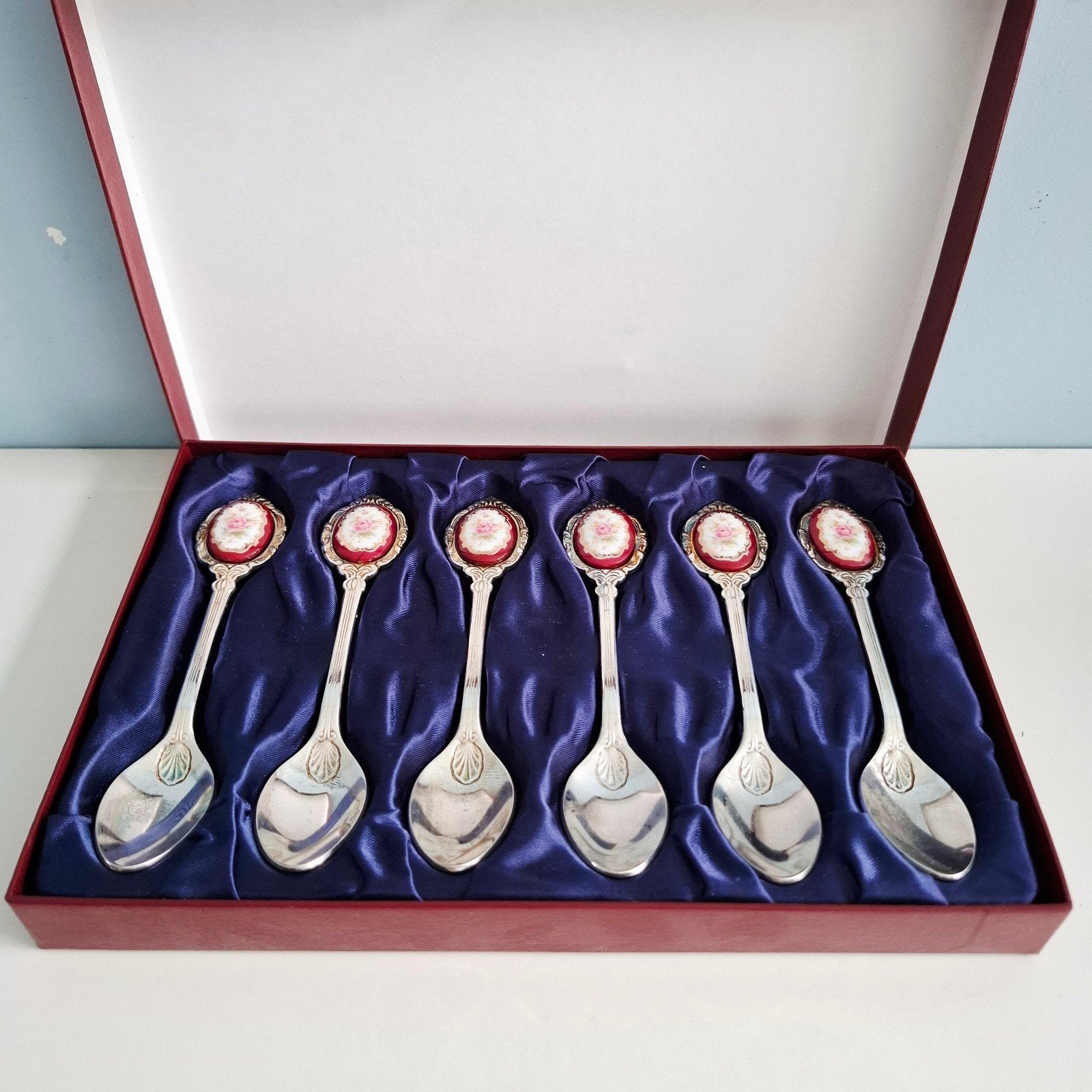 6 prachtige vintage theelepels met porseleinen inzet, Ophalen of Verzenden