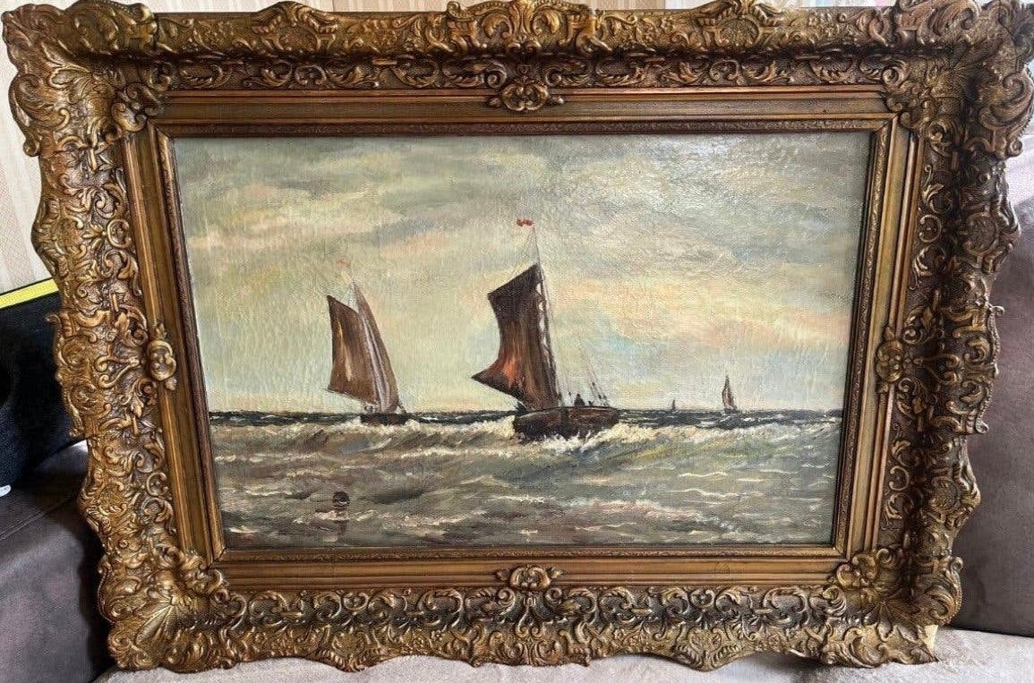 Antiek olieverf zee met boten schilderij, Ophalen