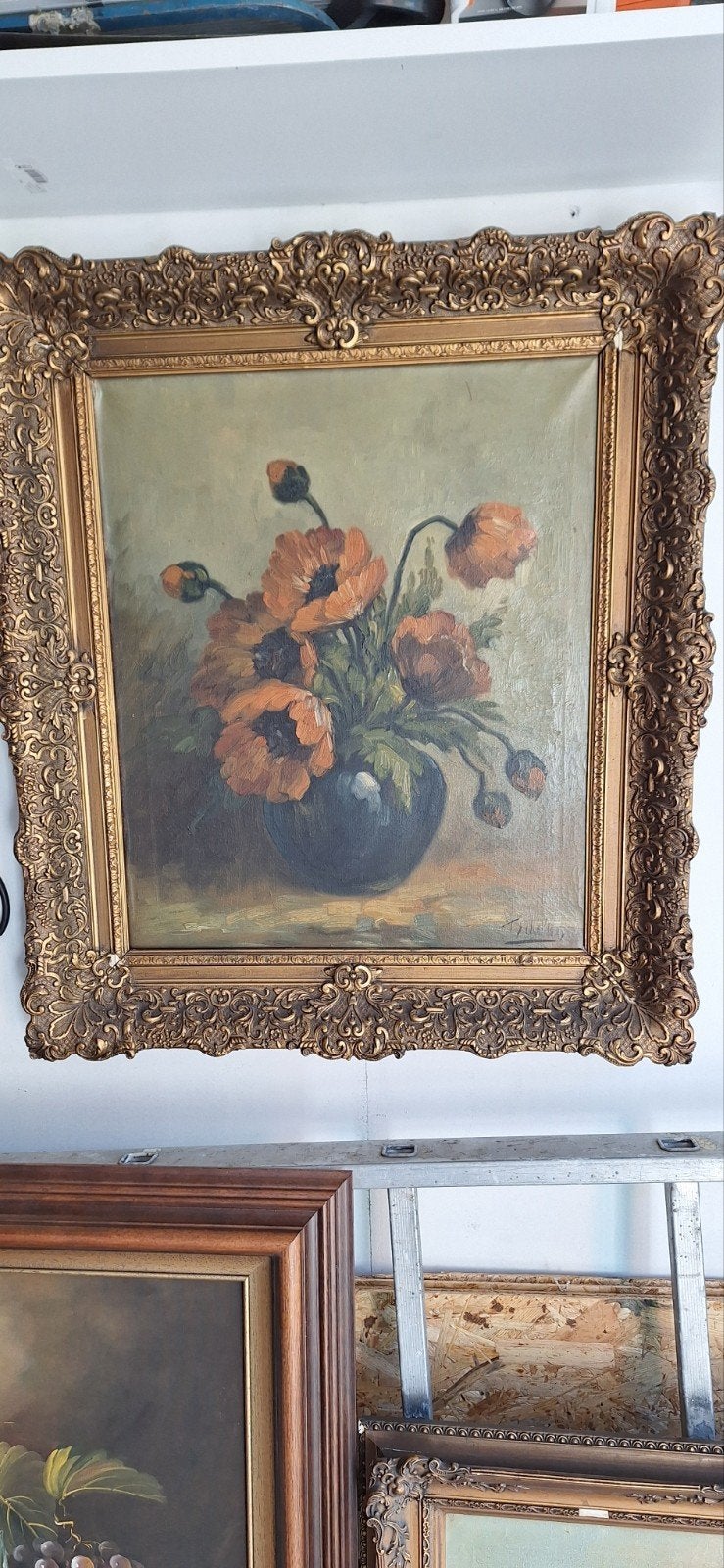 Olieverfschilderij: Klaprozen in vaas & Hollands landschap, Antiek en Kunst, Ophalen, Doek, Stilleven, Gesigneerd