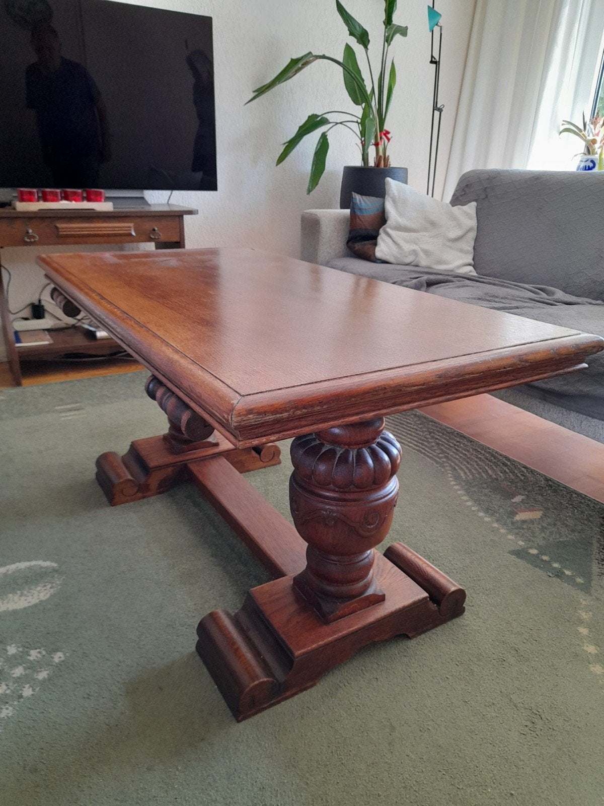 Eiken gesneden salontafel., Ophalen, Gebruikt, 100 tot 150 cm, Eikenhout