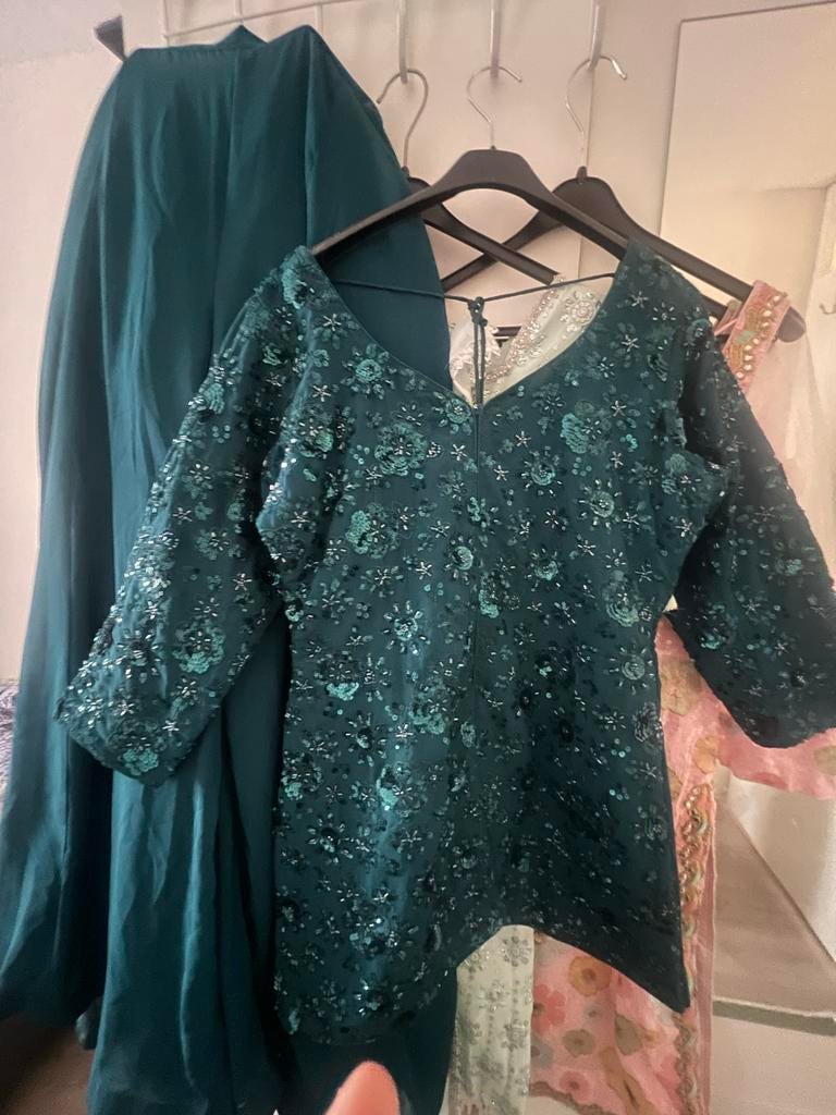 Punjabi Sharara met Top - Donkergroen/blauw, Maat 38/40 (M), Overige typen, Ophalen of Verzenden, Gedragen