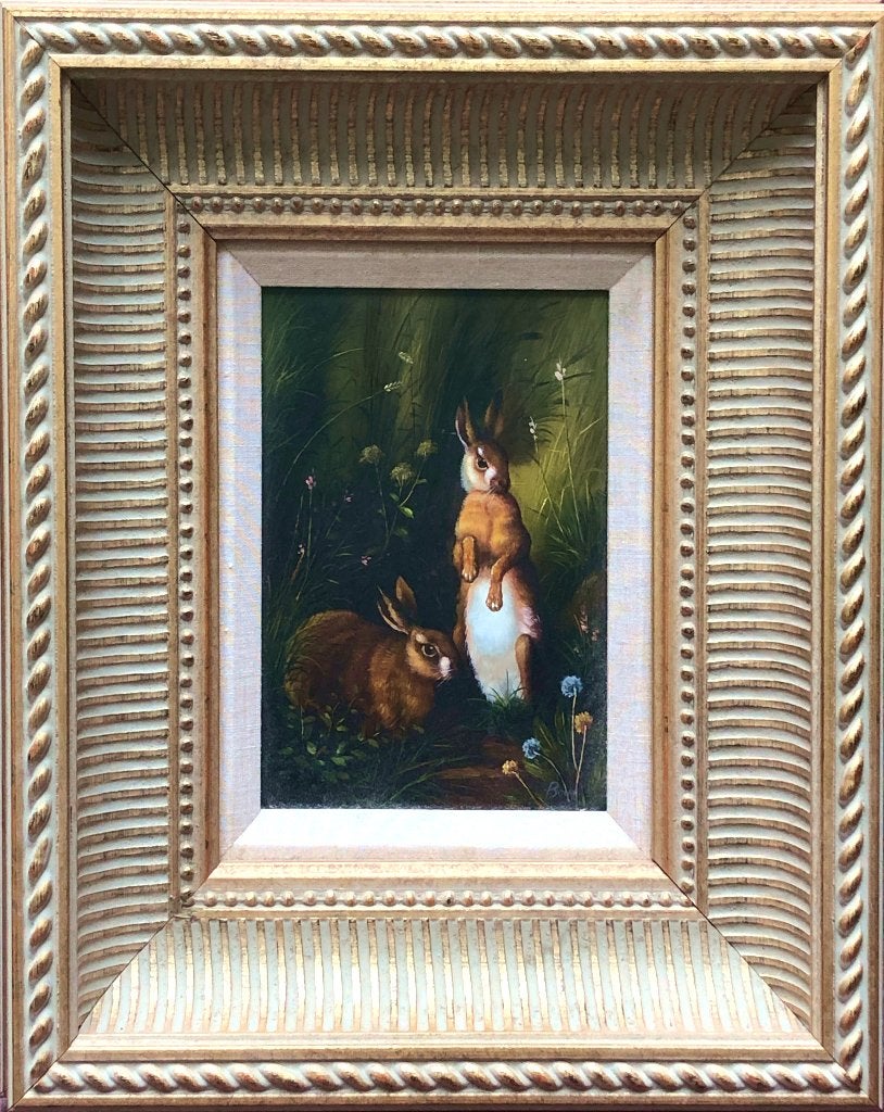Schilderij (olieverf) paneel 'Konijntjes tussen bloemen', Ophalen of Verzenden