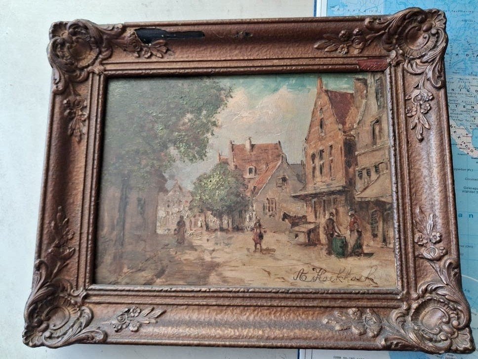 Oud Hollands Stadsgezicht Olieverf Schilderij A Koekkoek, Paneel, Oud hollands, Ophalen of Verzenden, Stads- / dorpsgezicht