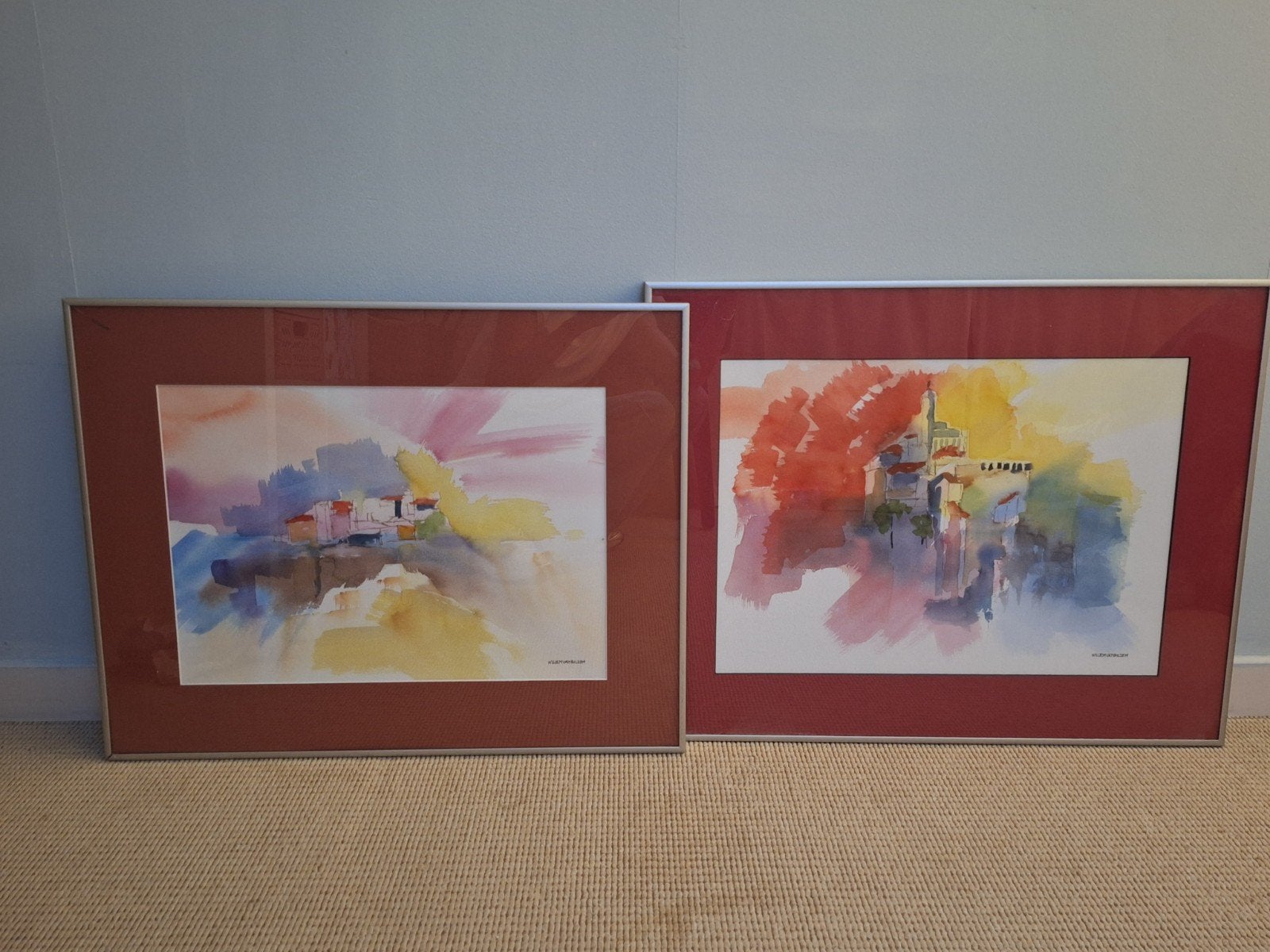 Set van 2 ingelijste aquarellen - Stadsgezichten, Ophalen, Impressionistisch, Ingelijst, Aquarel