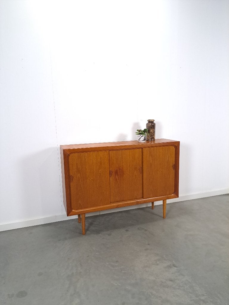 Mid Century Deens teak hoog dressoir, Teakhout, Gebruikt, 100 tot 150 cm, 150 tot 200 cm