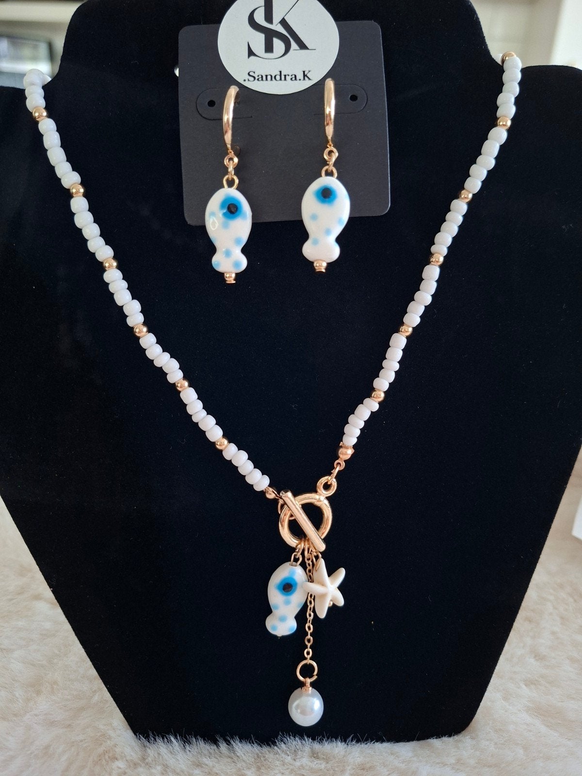 Ketting en oorbellen set met vissen en zeester, Overige materialen, Verstelbaar, Wit, Nieuw