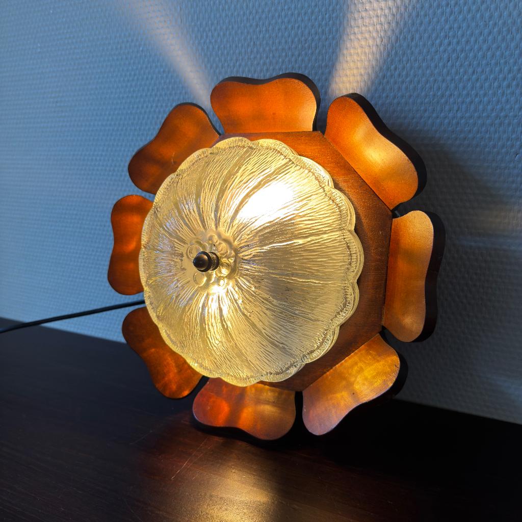 Vintage Houten Glazen Lotus Bloem Plafondlamp, Plafonniere, Huis en Inrichting, Lampen | Plafondlampen, Ophalen of Verzenden, Gebruikt