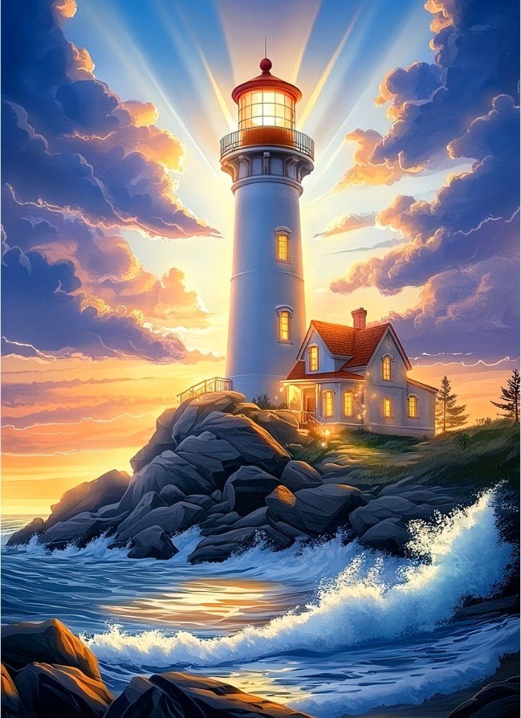 50x40cm Diamond Painting vuurtoren zonlicht (vierkant) nr 21, Zee en Strand, Nieuw, Meerkleurig, Ophalen of Verzenden