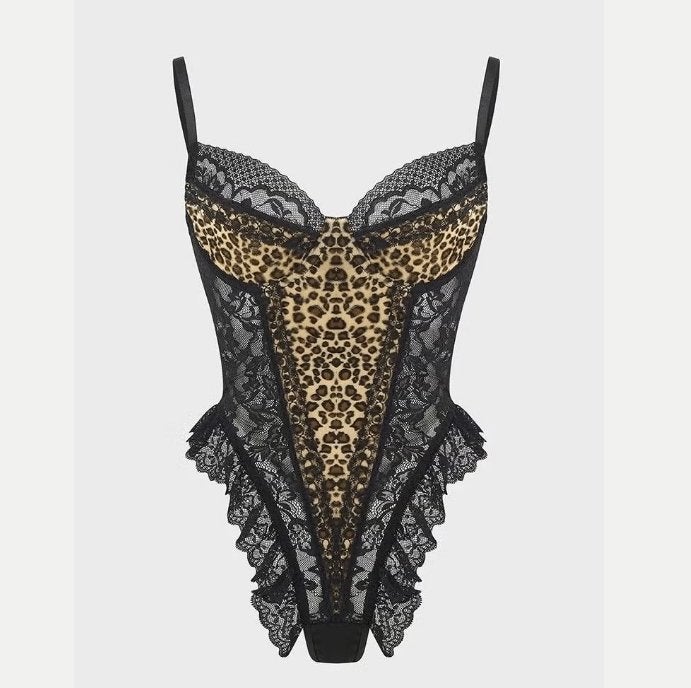 Vintage sexy kanten luipaardpatroon bodysuit, Ophalen of Verzenden, Zwart, Body of Korset
