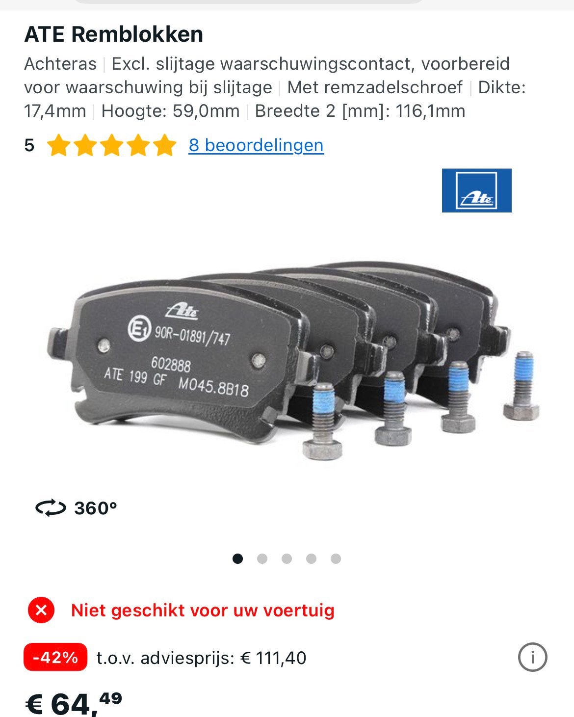 ATE Remblokkenset achteras NIEUW, Ate, Ate, Ate, Nieuw